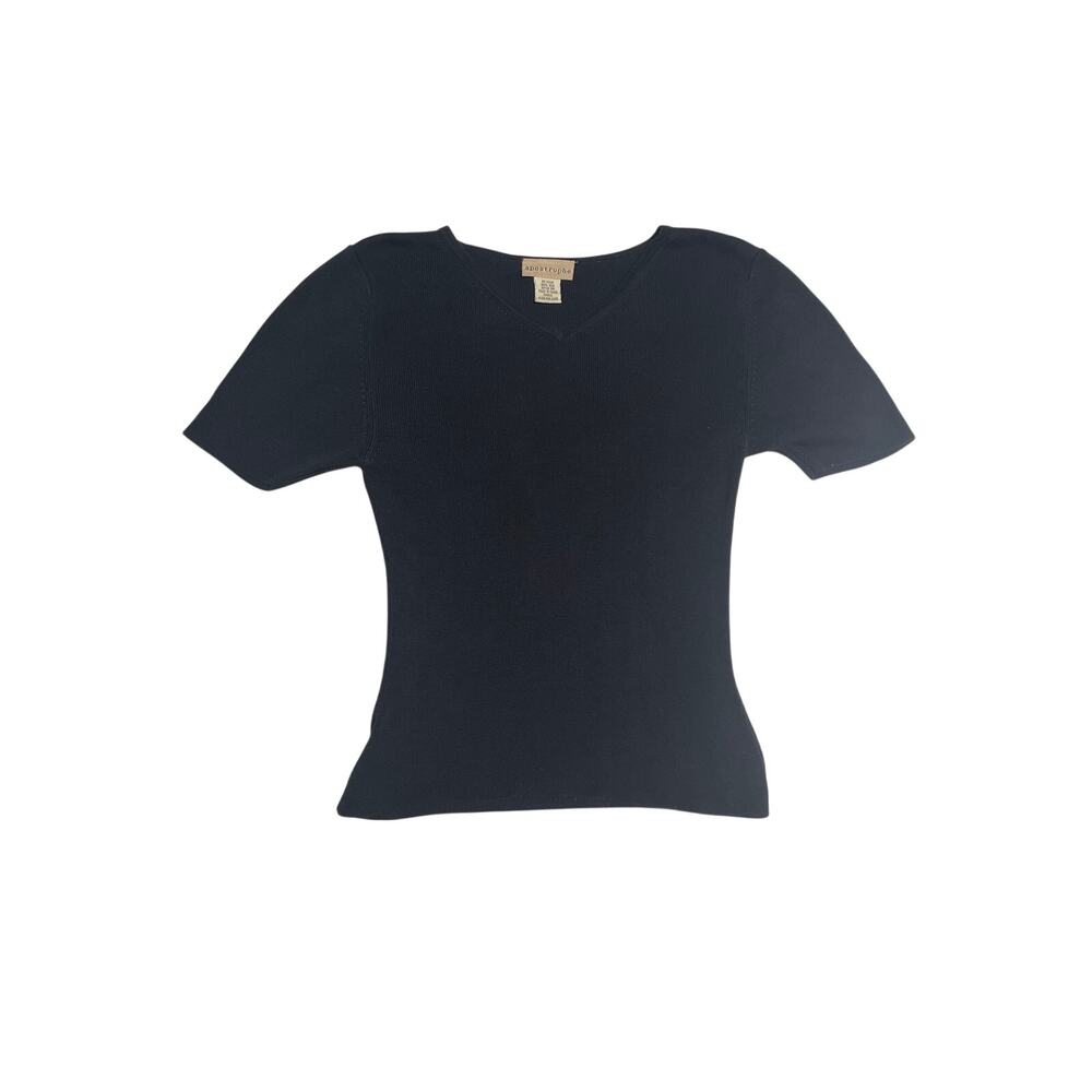 T-Shirt 100% Silk Top Size S Black Knit V Neck Short Sleeve Apostrophe
